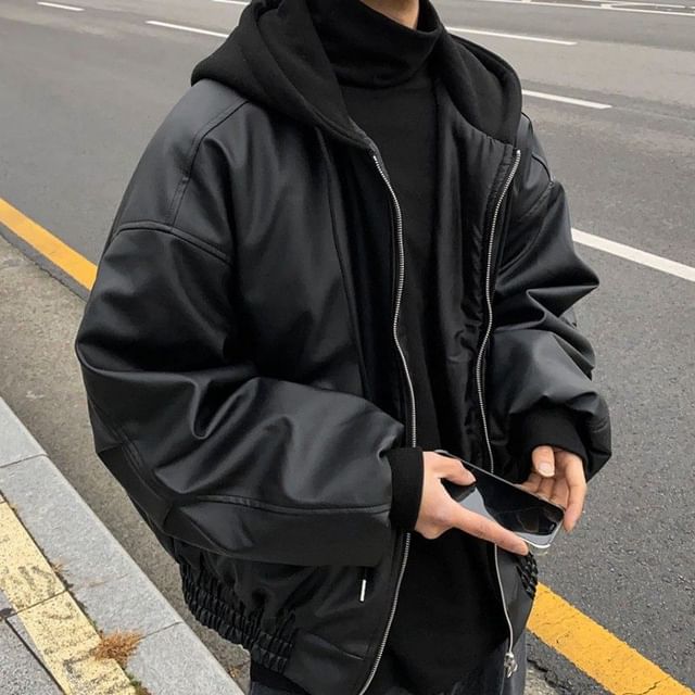VEAZ-Plain Hooded Faux Leather Zip Jacket