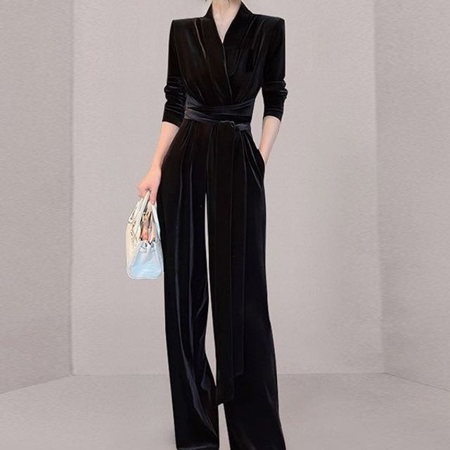 Aurora - Long-Sleeve V-Neck Velvet Wide Leg Jumpsuit | YesStyle