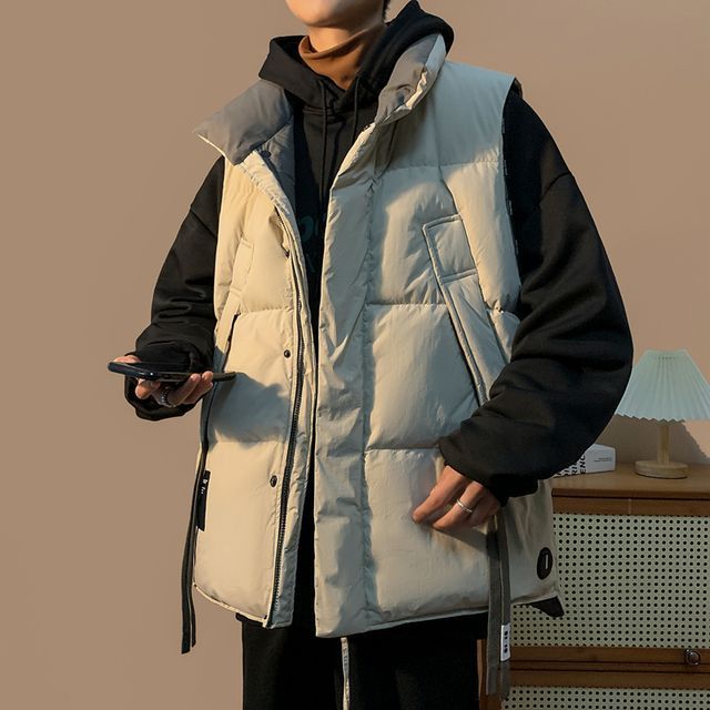 Plummie-Stand Collar Tag Drawstring Zip Puffer Vest