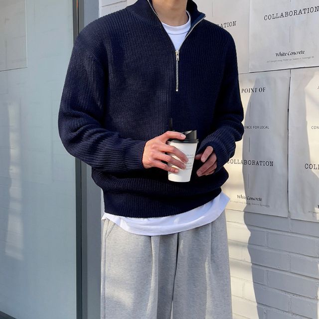 Omozando-Long-Sleeve Plain Half-Zip Knit Sweater