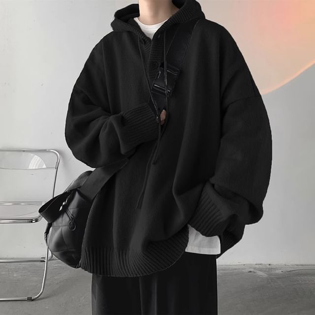 emeisa-Henley Plain Hooded Oversized Sweater