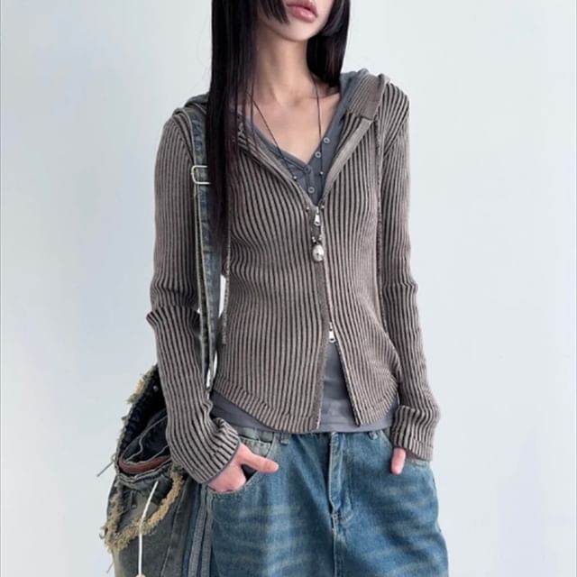 PINPI-Hooded Washed Zip Up Cropped Cardigan