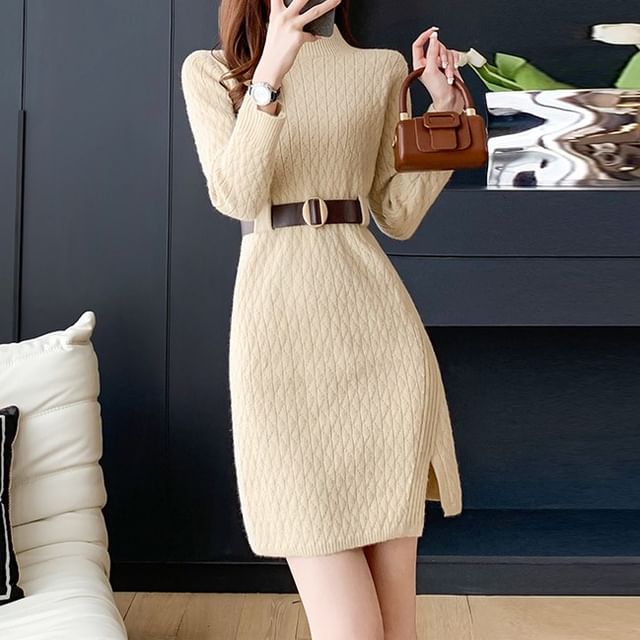 EFO - Long-Sleeve Crew Neck Plain Side-Slit Mini Sweater Dress | YesStyle