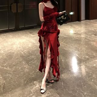 Yilda-Set Spaghetti Strap V-Neck Plain Asymmetrical Velvet Bodycon Dress Long Gloves Choker