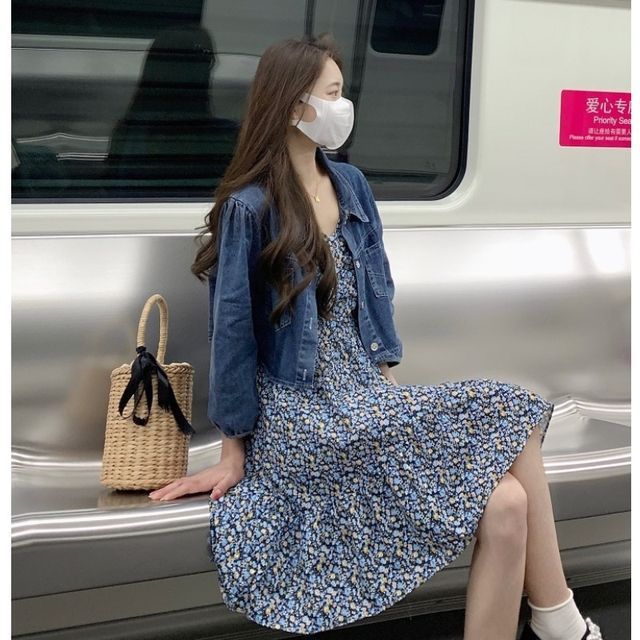 Yellow Floral Midi Floral Print Dress With Denim Jacket Sugardance