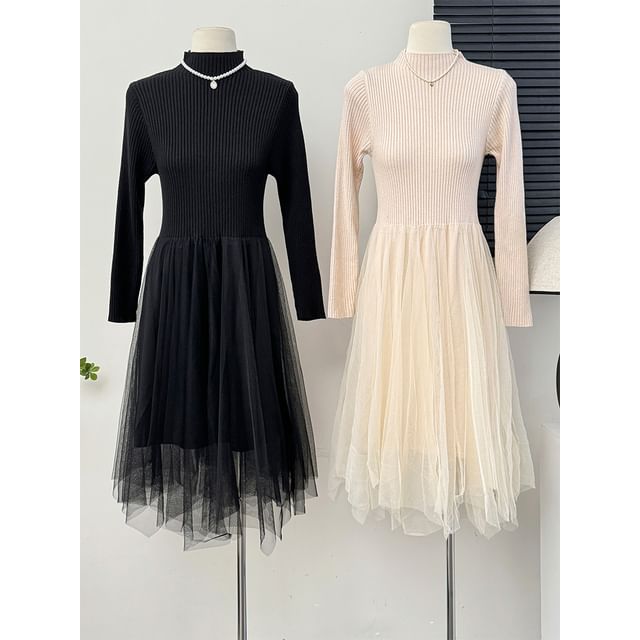 Lemongrass-Two-Tone Mock-Neck A-Line Dress