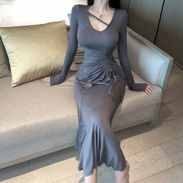 Miusee-Set Long-Sleeve V-Neck Plain Asymmetrical Drawstring Knit Top Maxi Mermaid Skirt