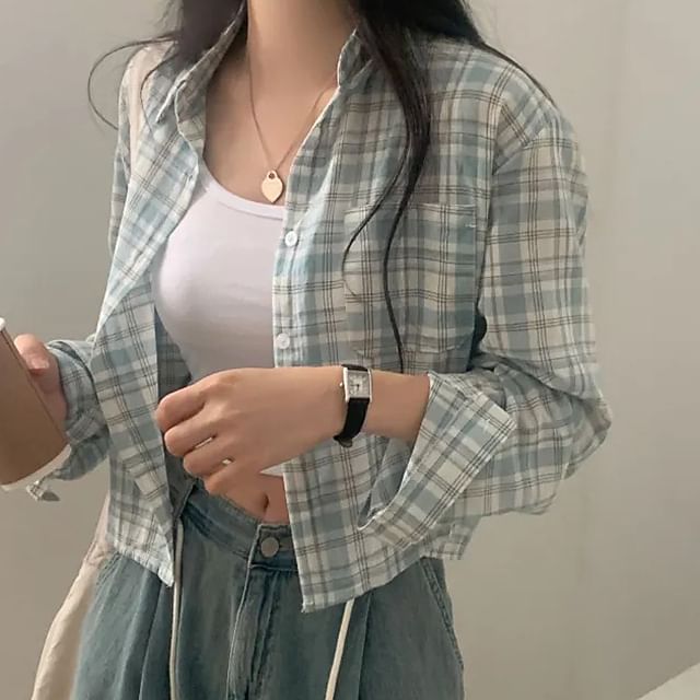 Janerium-Long Sleeve Collared Plaid Crop Shirt