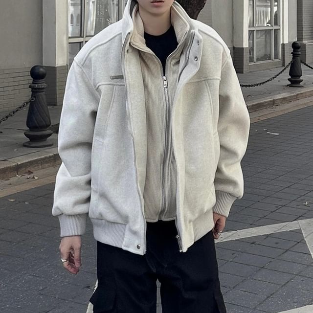 DragonRoad-Stand Collar Mock Two-Piece Plain Zip-Up Jacket