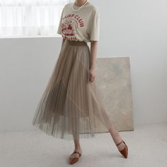 NAIN - Color-Block Long Tulle Pleated Skirt NAIN - Color-Block Long Tulle Pleated Skirt