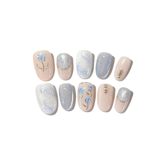eovda-Floral Glitter Press On Nail - Faux ongles autocollants pailletés motifs floraux