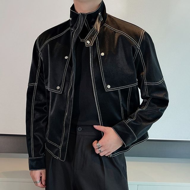 Freehop-Stand Collared Contrast Trim Zip Jacket