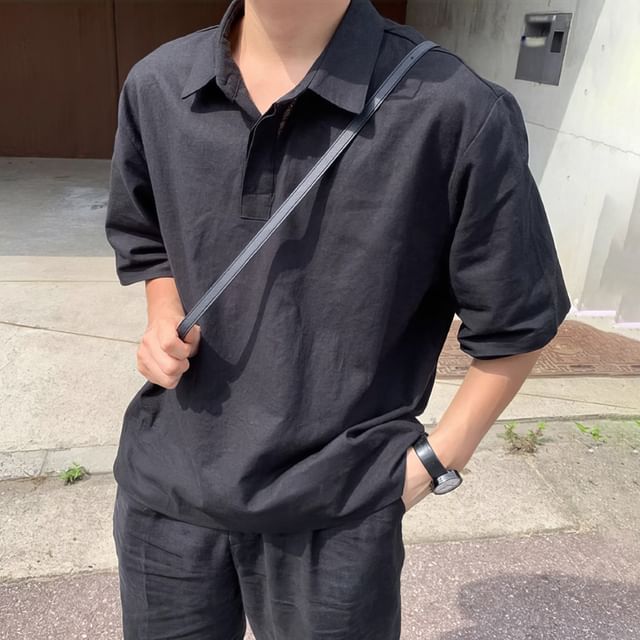 Okwano-Short Sleeve Collared Plain Half Placket Shirt