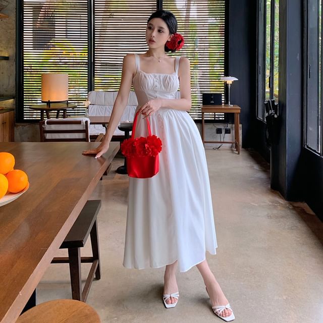 Moanum-Spaghetti Strap Square Neck Plain Maxi A-Line Dress