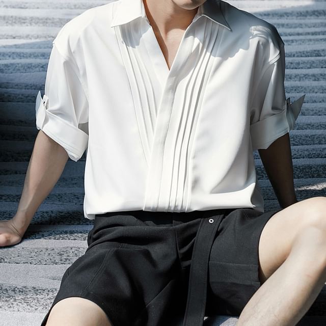 CHIC ERRO-Elbow-Sleeve Plain Pintuck Shirt