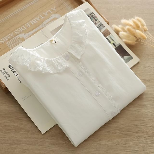 PANDAGO-Long Sleeve Collared Plain Ruffle Blouse