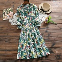 Clover Dream - Long-Sleeve Floral Print A-Line Corduroy Dress