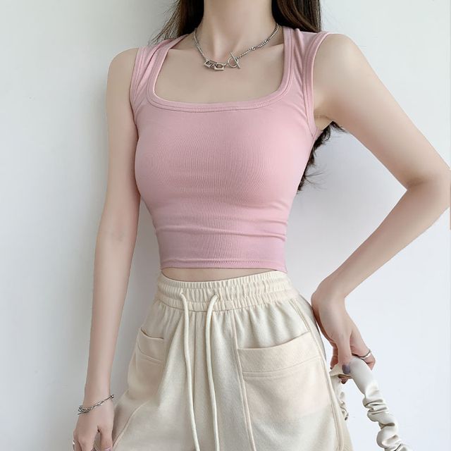 evanesce-U-Neck Cropped Plain Tank Top
