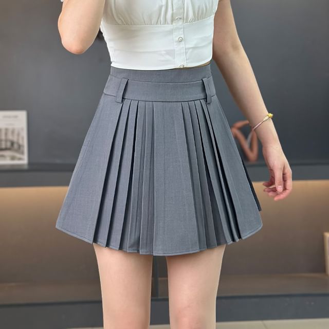 Woohan-High Rise Plain Pleated Mini A-Line Skirt