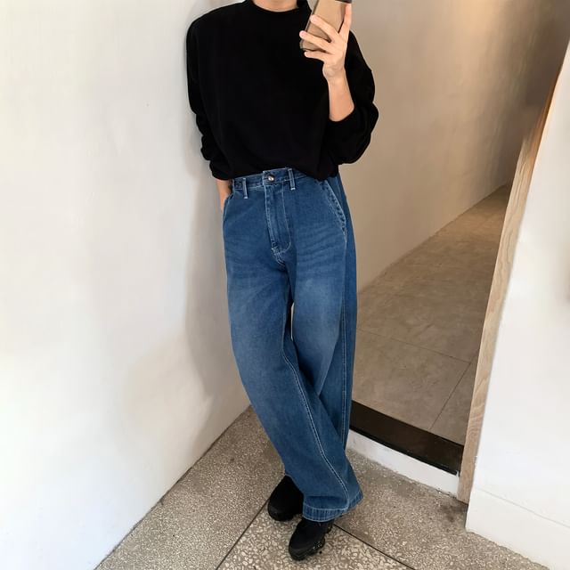 mopagrati-Mid Rise Washed Wide Leg Jeans