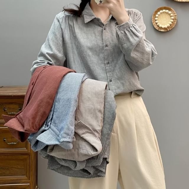 PANDAGO-Striped Long Sleeve Button Down Shirt