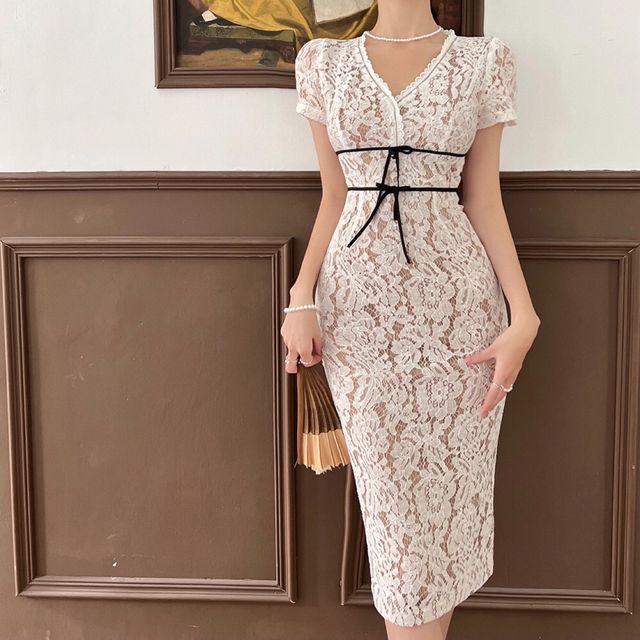 Maine - Short-Sleeve V-Neck Lace Sheath Dress | YesStyle Maine - Short-Sleeve V-Neck Lace Sheath Dress | YesStyle