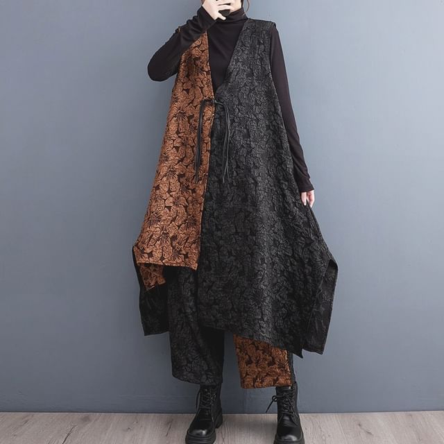 Lewwe-Set V-Neck Asymmetrical Panel Jacquard Midi Frog Closure Vest High Rise Cropped Straight Leg Pants-One Size
