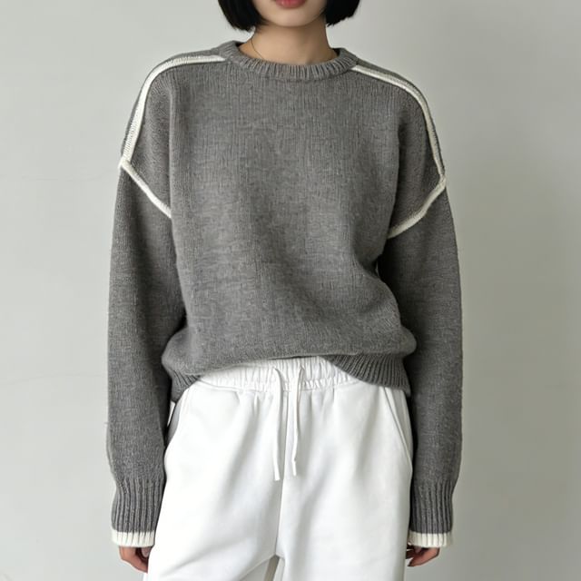 Sienne-Round Neck Contrast Trim Sweater