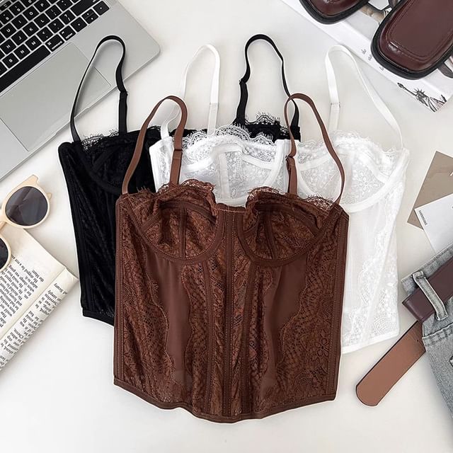 DIYI-Plain Panel Lace Bustier Top