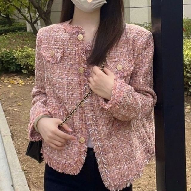 Sienne-Round Neck Fray Tweed Button Jacket