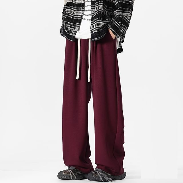 Diphon-Drawstring Waist Plain Fleece-Lined Straight Leg Sweatpants