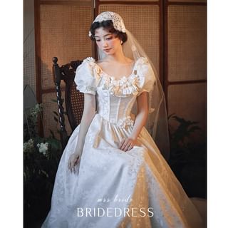 MSSBridal Puff Sleeve Scoop Neck Ruffle Jacquard A Line Wedding Gown Sale