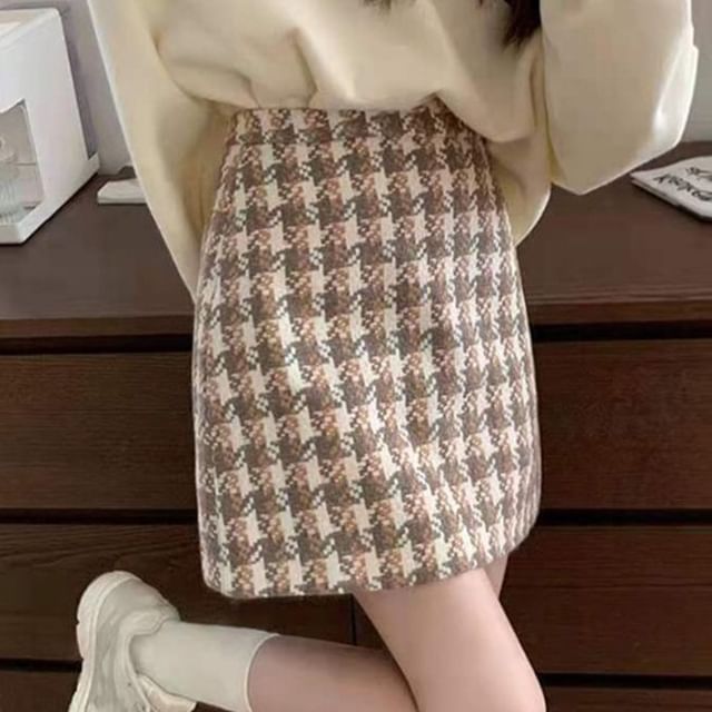 Sisyphi-High Waist Houndstooth Mini Skirt