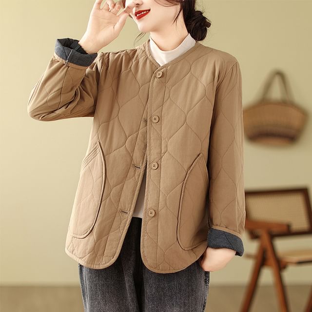 MIKIGA-Crew Neck Plain Quilted Button-Up Jacket