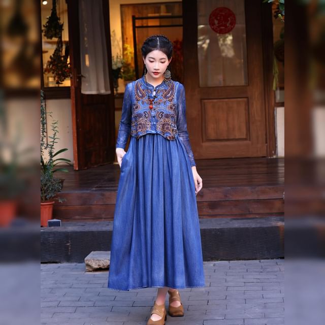 Long Sleeve Mandarin Collar Embroidered Maxi A-Line Dress