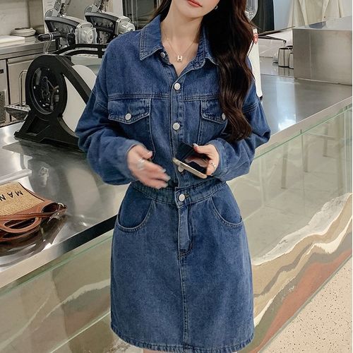 Tzarkozy - Long-Sleeve Collared Washed Ruffle Button Mini A-Line Denim Dress  | YesStyle