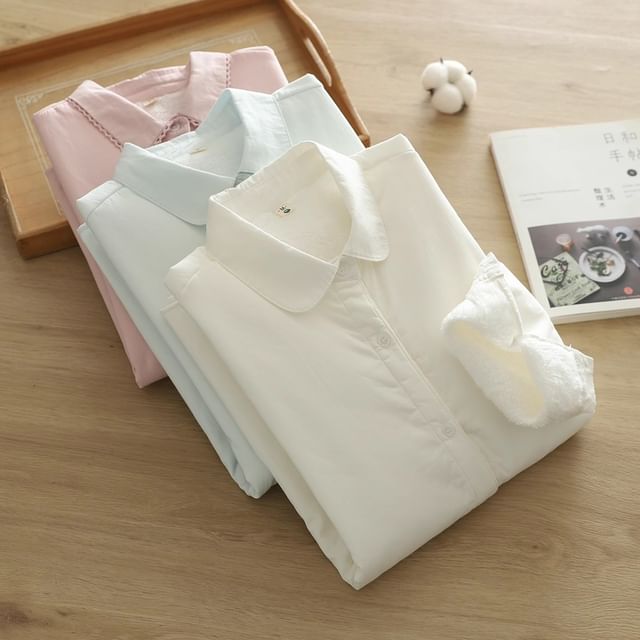 PANDAGO-Plain Fleece-Lined Button-Up Shirt
