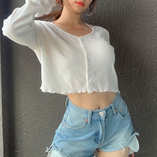 Ulark-Scoop Neck Plain Ruffle Hem Cropped Cardigan