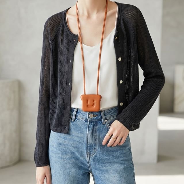 Hanji-Crew Neck Plain Perforated Button-Up Crop Cardigan
