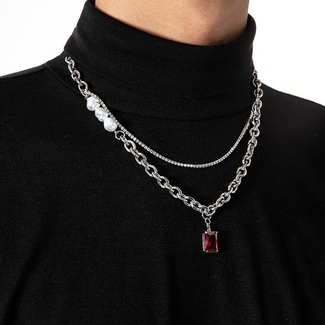 Black Degree-Rhinestone Pendant Layered Necklace