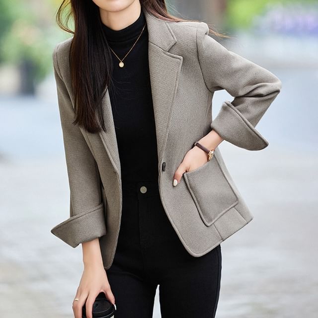 Skyheart-Lapel Collar Plain One-Buttoned Blazer