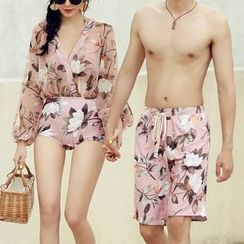 Candyseed - Couple Matching Flower Print Swim Trunks / Bikini Top / Long-Sleeve Swimsuit Candyseed - Couple Matching Flower Print Swim Trunks / Bikini Top / Long-Sleeve Swimsuit