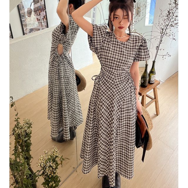 Short-Sleeve Cutout Check A-Line Midi Dress Short-Sleeve Cutout Check A-Line Midi Dress