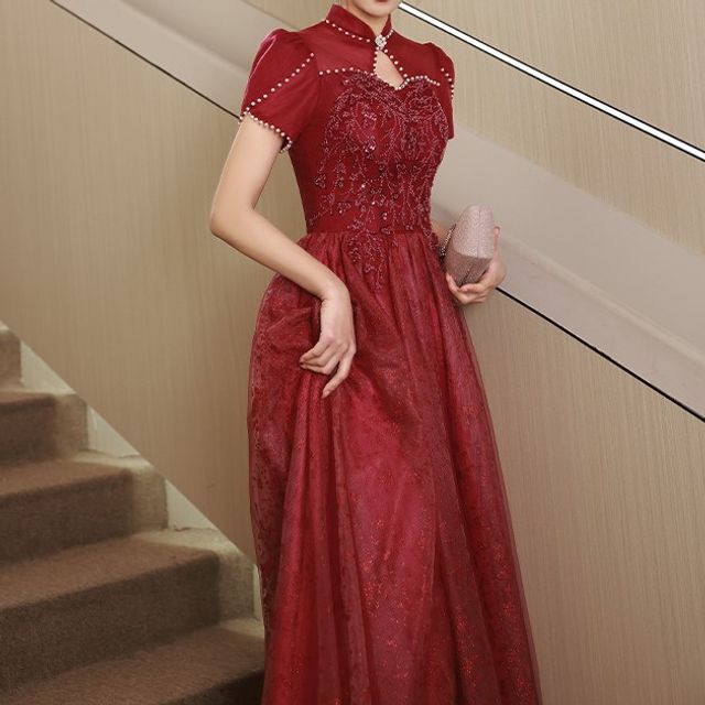 DreesHouse - Short-Sleeve Mandarin Collar Beaded A-Line Evening Gown / Midi  Dress | YesStyle