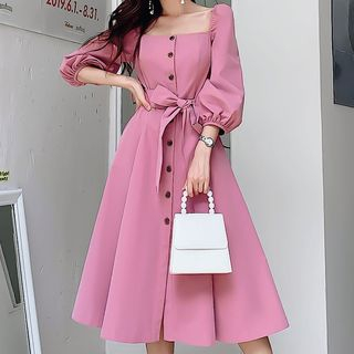 square neck puff sleeve midi dress