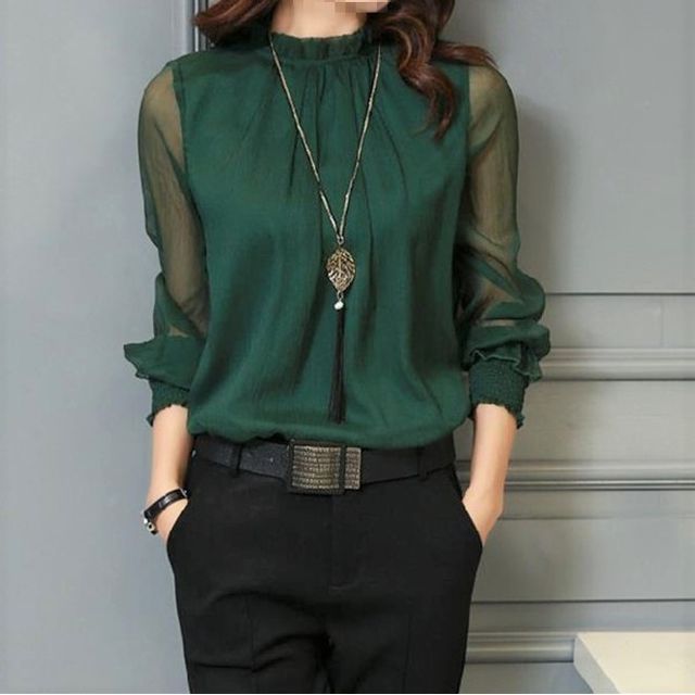 Inchioh-Plain Mesh Panel Blouse