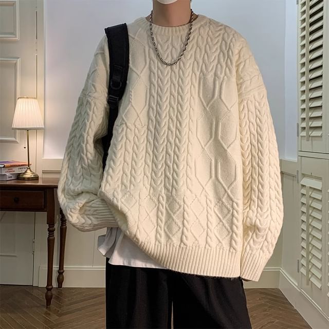 emeisa-Round Neck Plain Cable Knit Sweater