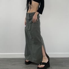 Puffie - Plain Low-Rise Slit Maxi Skirt