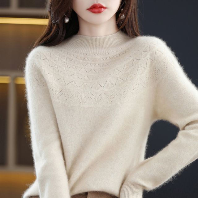 Weelop-Long-Sleeve Mock Neck Zigzag Perforated Plain Woolen Knit Top