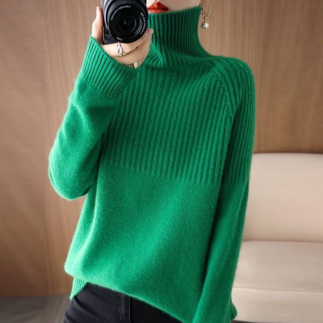 Weelop-Long-Sleeve Turtleneck Plain Ribbed Woolen Knit Top